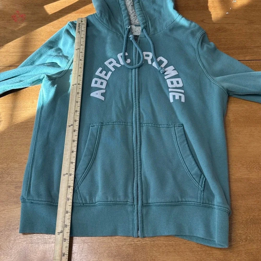 VTG Y2K Abercrombie Sherpa Lined Hoodie Full‎ Zip Teal Spellout Women's M Rare - Picture 10 of 11
